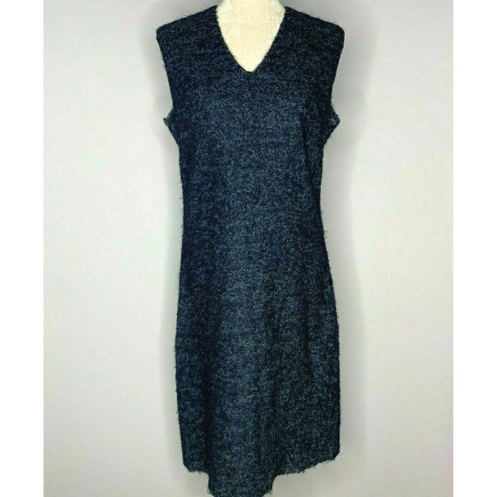 Vintage 60s Boucle Shift Dress M Blue Sleeveless